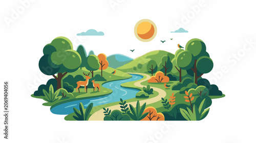 A serene landscape with a river deer trees and a sunny sky