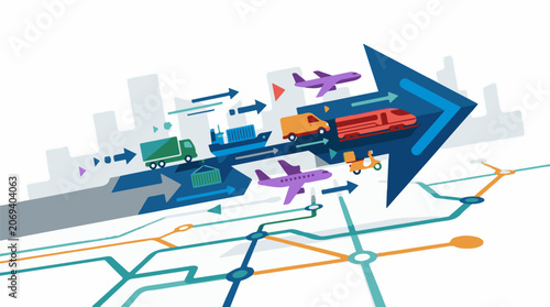 A colorful illustration of various transportation modes on a map