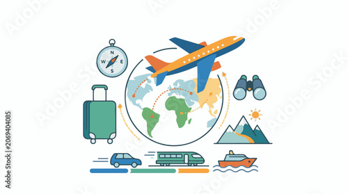 A colorful travel graphic with a plane globe and various transportation icons