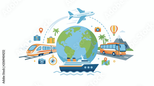 A colorful illustration of various travel-related icons surrounding a globe