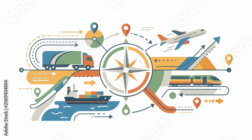 Colorful illustration of transportation modes and navigation
