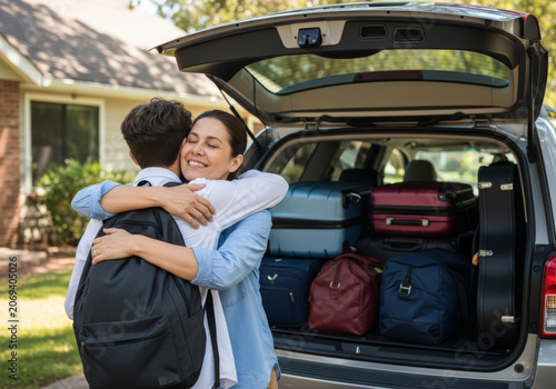 A mother and her son sharing a warm, emotional hug while packing a car for a trip, representing family bonds, departure, and travel excitement.