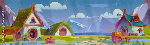 Bild auf Leinwand Rain village scene with cute fantasy dwarf house