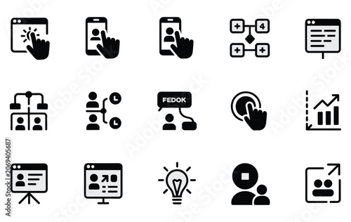Set of user interface and web interaction icons featuring cursor clicks, mobile devices, and organizational charts