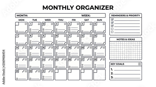 Minimalist monthly organizer template for productivity and planning