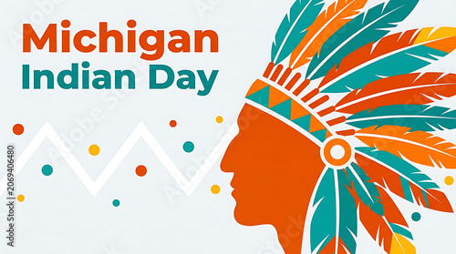 Michigan Indian Day illustration with Native American headdress isolated on a transparent background