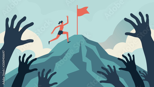 Foto Person running towards a red flag atop a mountain surrounded by reaching hands i