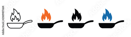 Obraz na plátně Cooking pan icons with fire flames featuring linear and solid styles for culinary design and restaurant website interfaces