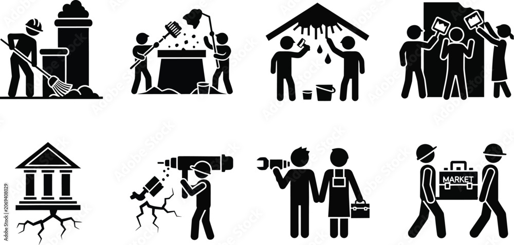 Obraz premium Diverse set of stick figure icons illustrating construction repair and maintenance services perfect for workforce home improvement and problem-solving concepts