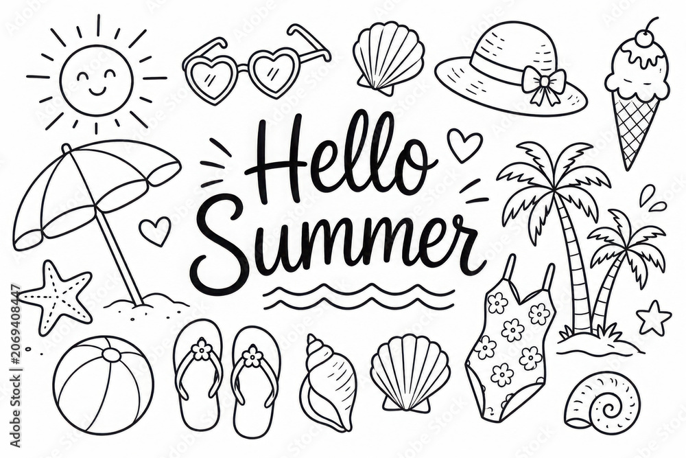 Obraz premium Big collection of summer theme hand drawn doodles. Vector illustration