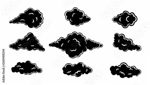 Eight black cloud silhouettes arranged on a white background a flat vector illustration black clouds cloud shapes