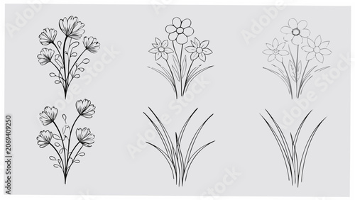Five floral arrangements in line drawing style against a light gray background botanical blossom bouquet