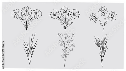 Five floral arrangements a black and white vector illustration on a light gray background botanical