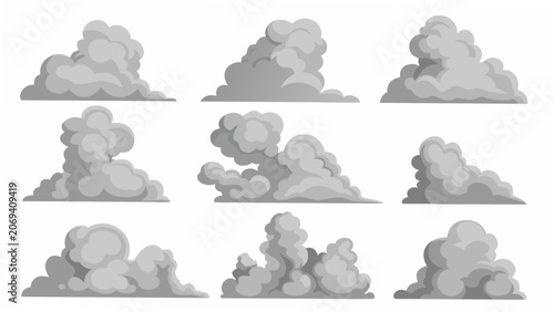 Nine grey cloud formations a vector illustration against a white background for atmospheric scenes cloudscape