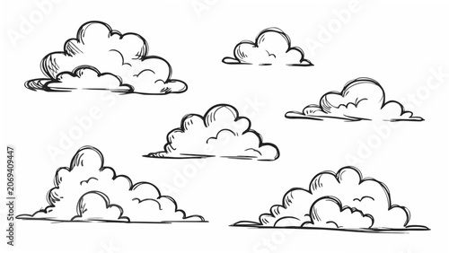Seven cloud formations drawn in black ink a vector illustration on a white background clouds