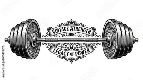 Tableau sur toile Vintage barbell with ornate banners for strength training branding