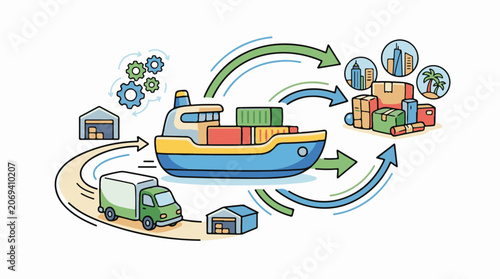 A colorful illustration of a cargo ship with containers and trucks showing a supply chain process