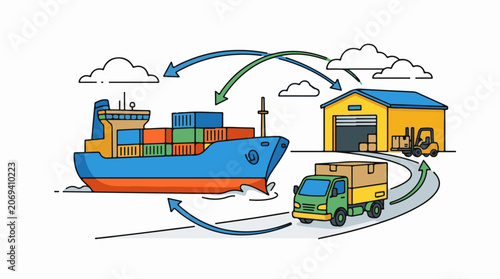 A colorful illustration of a cargo ship, truck, and warehouse with arrows