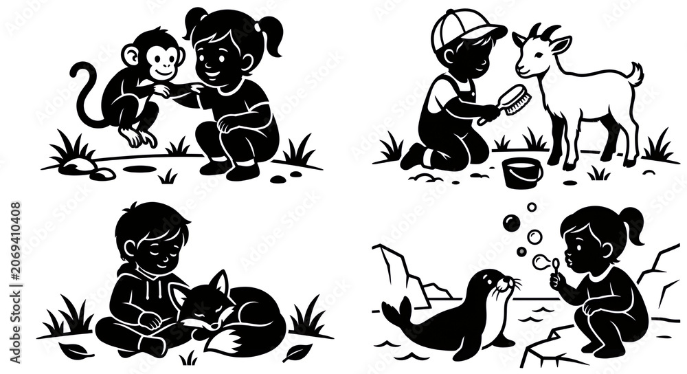 Obraz premium Cute kids and animals illustration set with girl playing with monkey boy brushing goat child petting fox and toddler blowing bubbles for seal