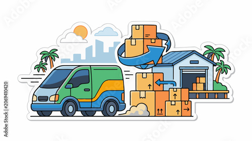 A colorful illustration of a delivery van with packages and a warehouse