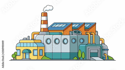 A colorful illustration of a factory with a smokestack, pipes, and solar panels