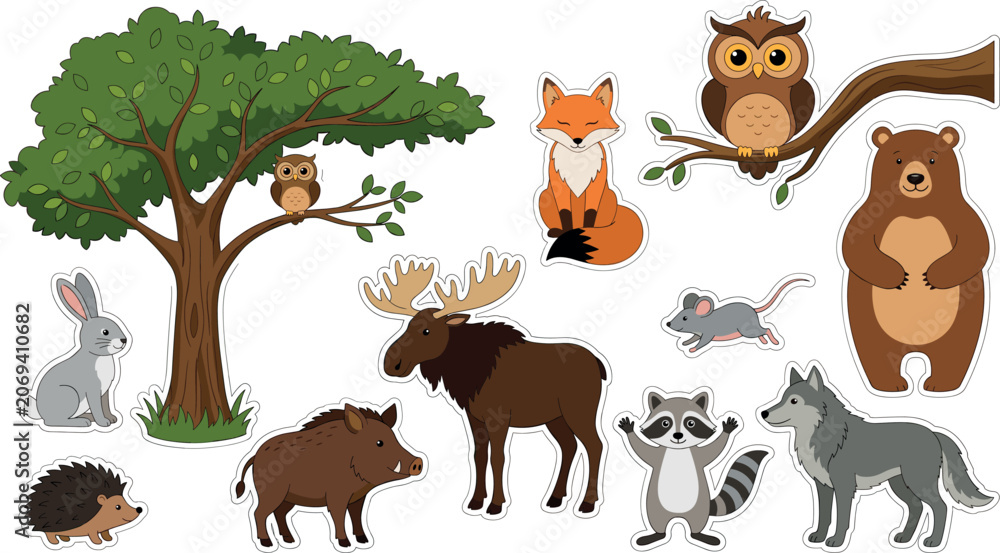Fototapeta premium Cute woodland forest animal sticker set with tree bear fox owl moose wolf hedgehog and raccoon vectors