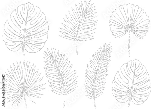 Bild auf Leinwand Collection of tropical monstera and palm leaves rendered with stitched embroidery technique isolated on a gray checkered background pattern