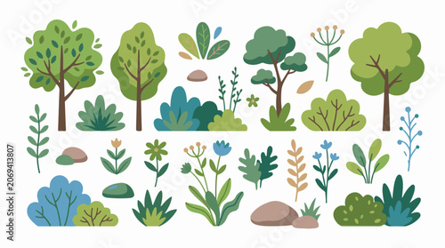 A colorful illustration of various plants trees flowers and rocks on a white background