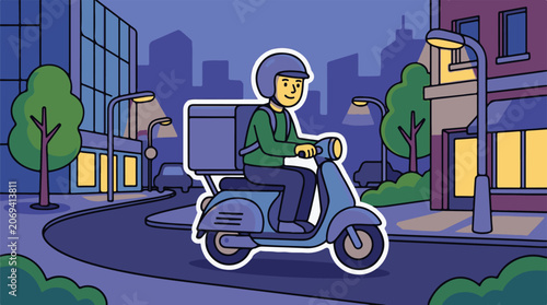 A delivery person rides a scooter through a city at dusk