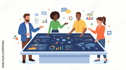 Four diverse individuals collaborating around a large digital display