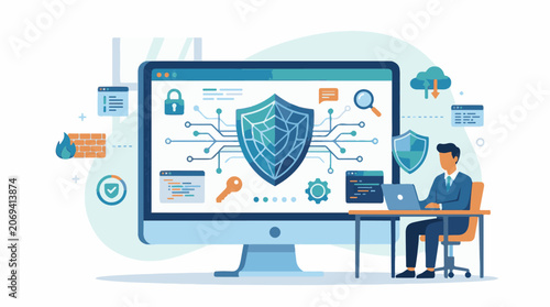 A man in a blue suit sits at a desk with a computer and laptop surrounded by security symbols