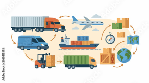 Logistics and transportation concept with various vehicles and globe