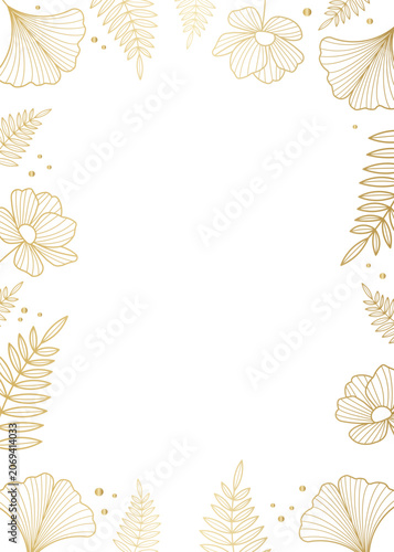Luxury gold wedding invitation background template with minimalist botanical floral frame and line art leaves.