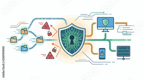 A shield with a circuit board and keyhole protects devices from threats