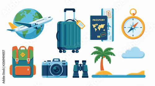 Colorful travel-themed icons including a globe airplane luggage and more