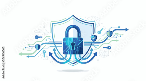 A padlock in front of a shield with arrows and keys