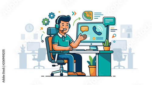 A man wearing a headset sits at a desk with a computer and interacts with a customer