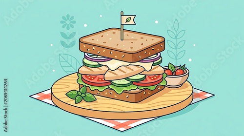Colorful Layered Summer Sandwich Stack with Fresh Vegetables and Toothpick Flag Top View