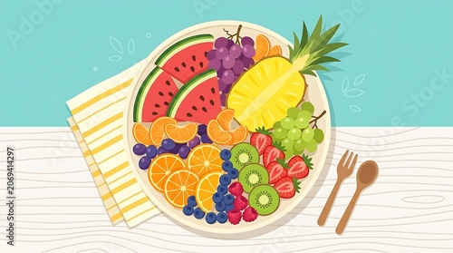 Colorful Fresh Fruit Platter Arrangement on Wooden Table with Tropical Vibes