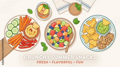Colorful Fresh Summer Snacks Platter with Fruits and Nuts Top View Bright Illustration