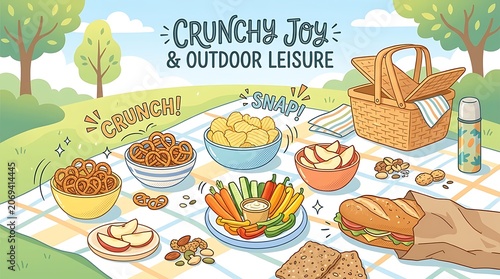Colorful Picnic Spread with Crunchy Snacks and Outdoor Leisure on Sunny Day