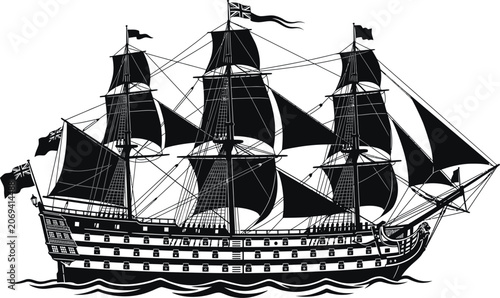 Bild auf Leinwand Classic 1700s vintage sailing ship vector illustration featuring a beautiful his