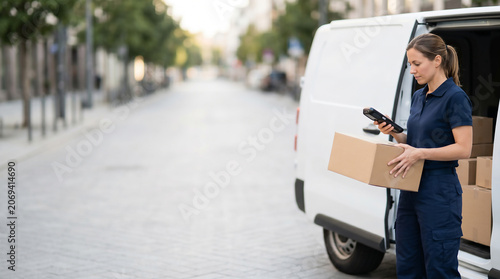 Celebrating National Postal Worker Day with a dedicated female postal worker scanning a package near her van, highlighting the hard work of mail carriers
