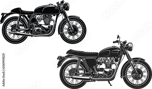 Foto Set of 2 vintage motorcycle vectors featuring beautiful classic retro cafe racer