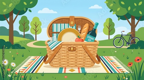 Colorful Wicker Picnic Basket on Wooden Bridge in Sunny Park Landscape