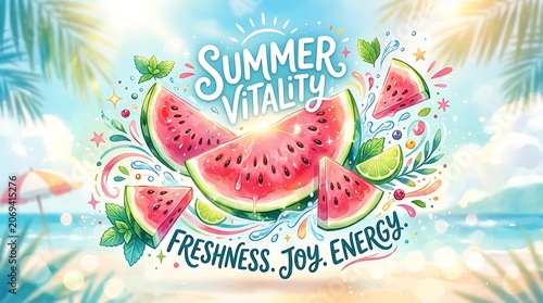 Vibrant Summer Watermelon Wreath with Freshness Joy Energy Text on Tropical Background