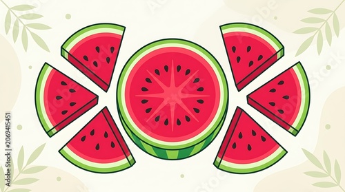 Fresh watermelon slices arranged in circular pattern with tropical leaves flat lay illustration