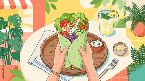 Woman Holding Fresh Vegetable Wrap in Vibrant Tropical Garden Setting Flat Lay