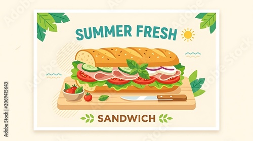 Fresh summer sandwich with vegetables and herbs on vibrant green background illustration