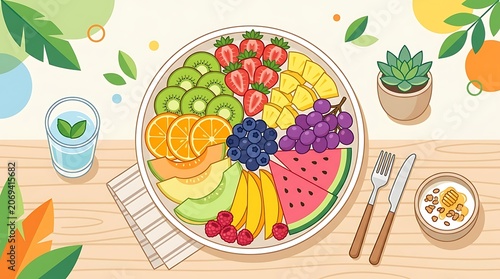 Colorful Fresh Fruit Salad Bowl with Vegetables and Herbs Top View Bright Composition